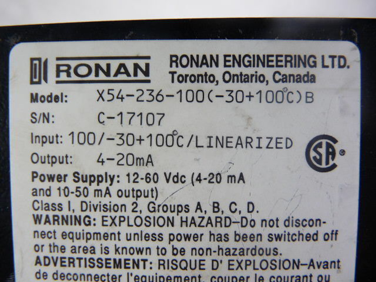 Ronan X54-236-100 Linearized Power Supply -30/100 Deg C 12-60VDC 4-20mA USED