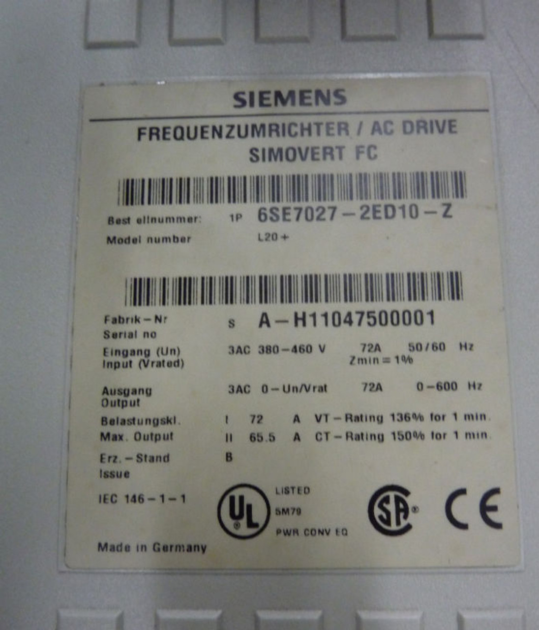 Siemens 6SE7027-2ED10-Z Simovert FC AC Drive USED
