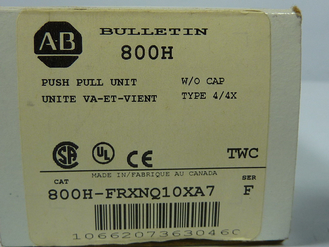 Allen-Bradley 800H-FRXNQ10XA7 Push/Pull Unit w/o Cap 600VAC 10A MAX ! NEW !