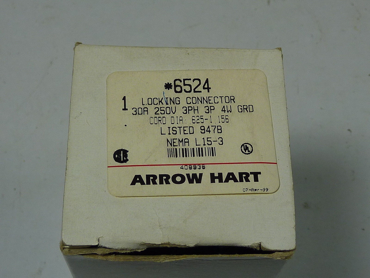 Arrow Hart 6524 Locking Connector 30A 250V 3PH 3P NO BASE ! NEW !