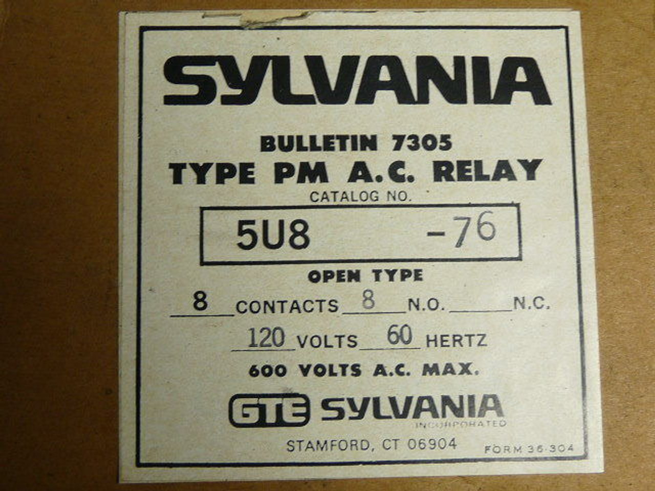 Sylvania 5U8-76 AC Relay Type PM 8NO 120V 60Hz ! NEW !