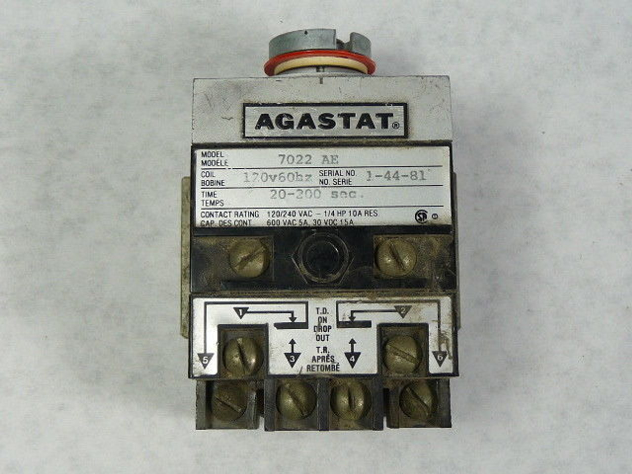 Agastat 7022AE 7022-AE Electropneumatic Timing Relay 20-200s 120VAC USED