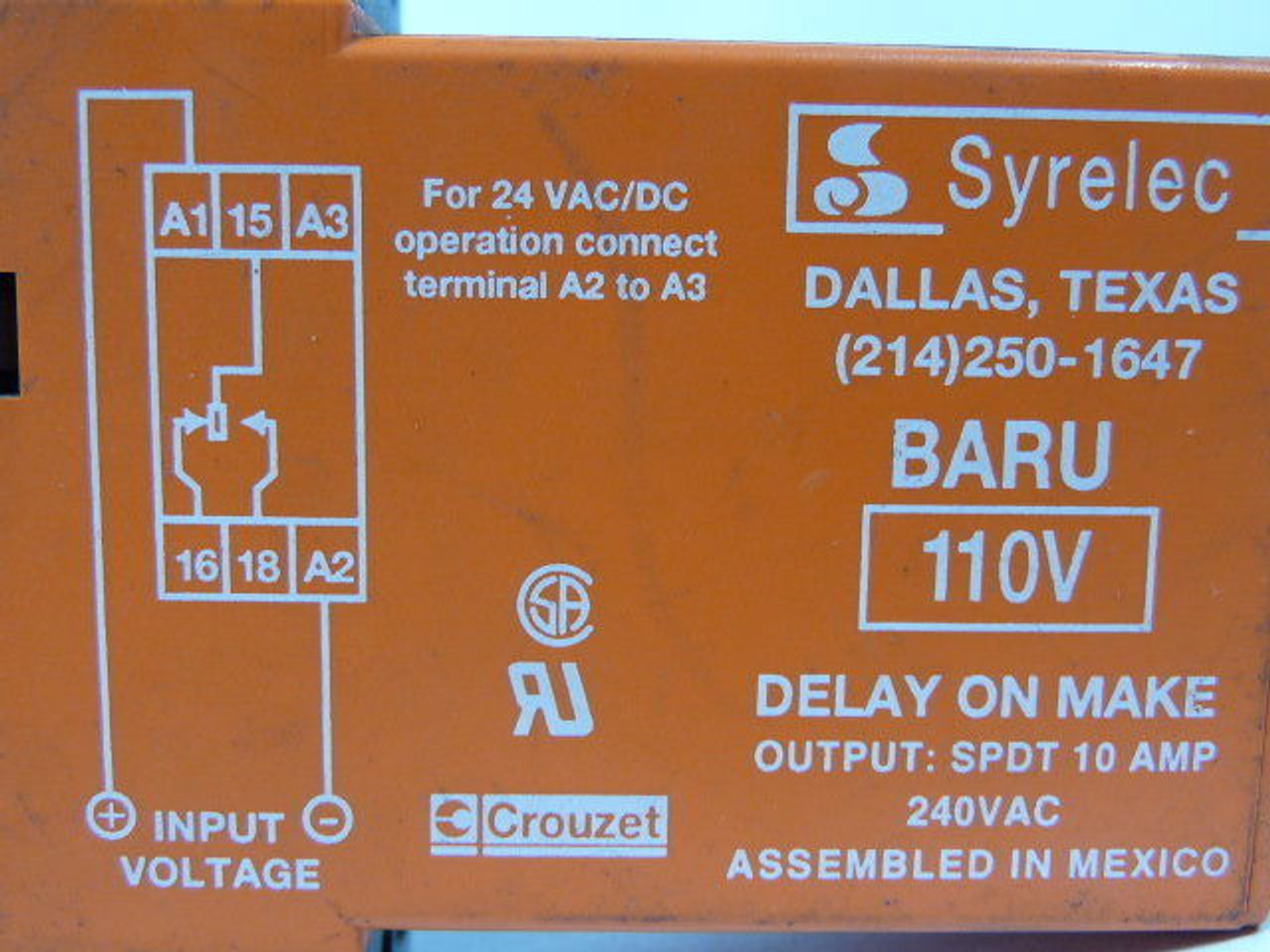 Crouzet BARU-24AD/48AD Time Delay Relay 24V 10A USED