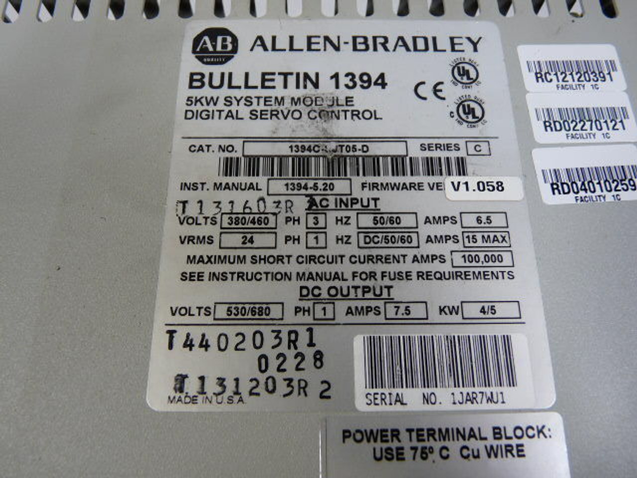 Allen-Bradley 1394C-SJT05-D Servo Controller 530/680V USED