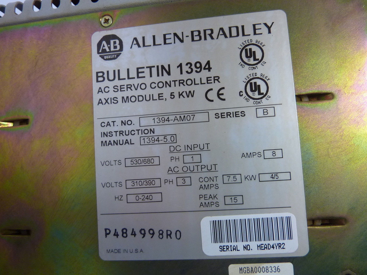 Allen-Bradley 1394-AM07 Axis Module SER B 310/390V 7.5-15A 0-240Hz 3PH USED