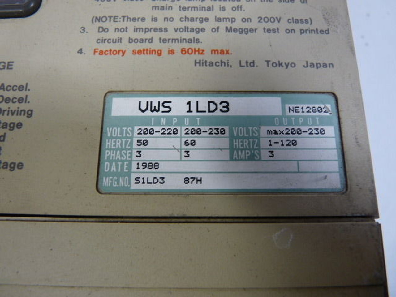 Hitachi HFC-VWSS1LD3 Inverter Drive 200-230V USED