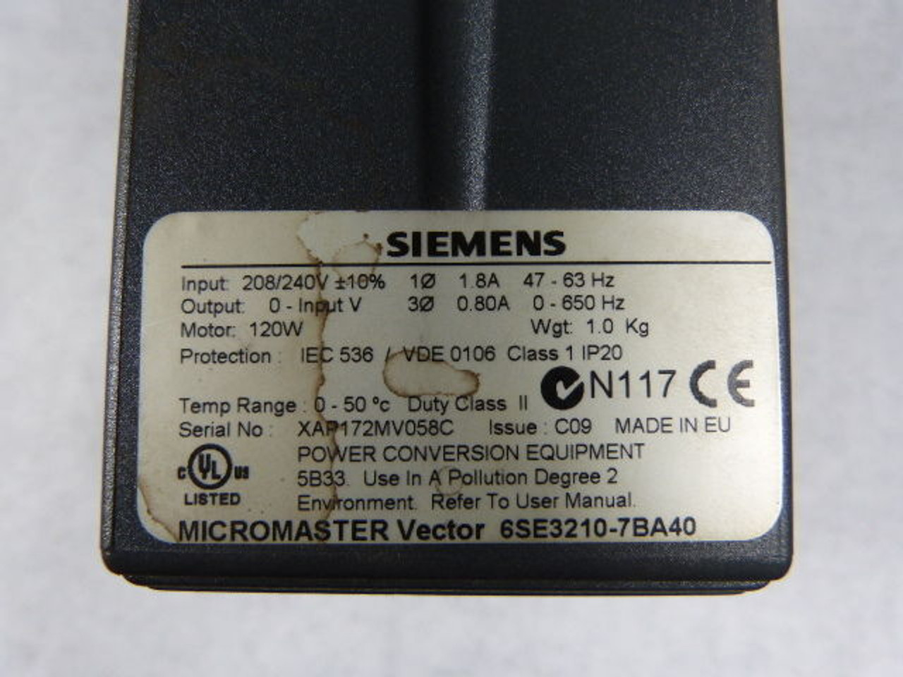 Siemens 6SE3210-7BA40 Micromaster Vector 120W 3Ph 0-208/240V 0.80A USED