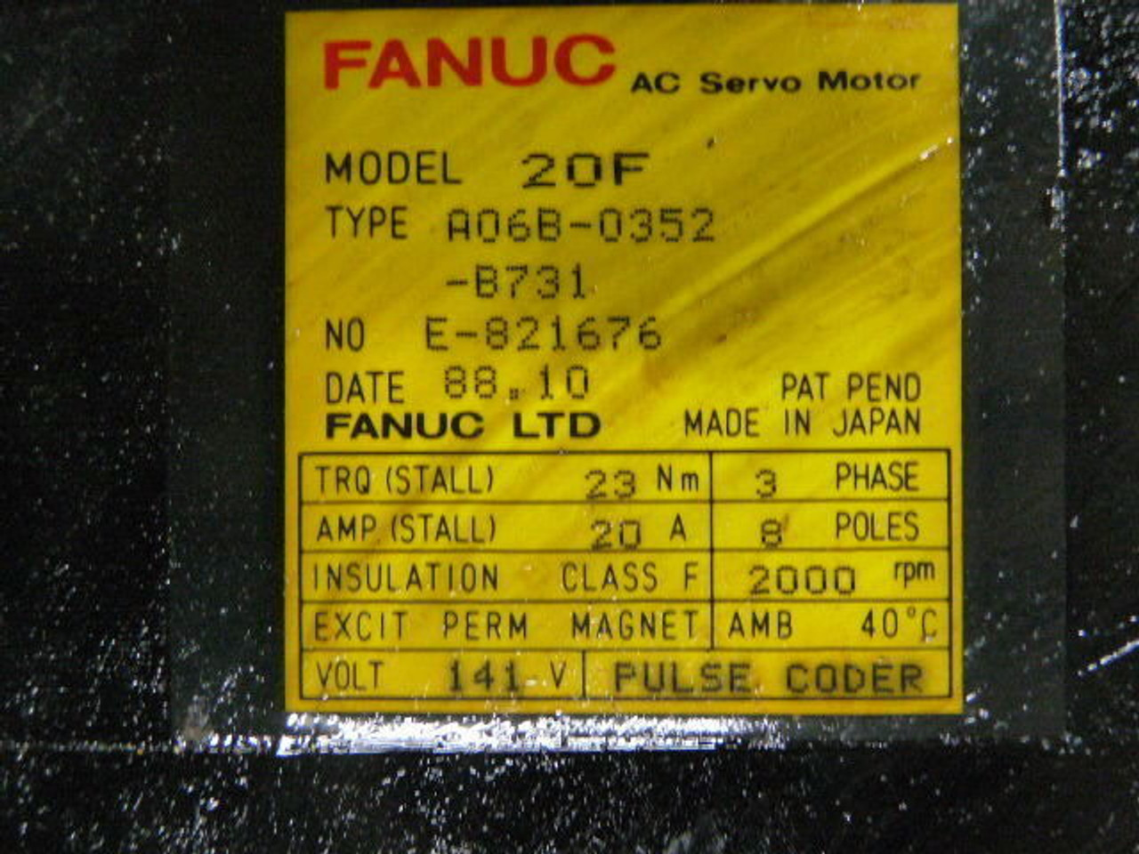 Fanuc A06B-0352-B731 Servo Motor 2000RPM 141V 23Nm 20A ! AS IS !