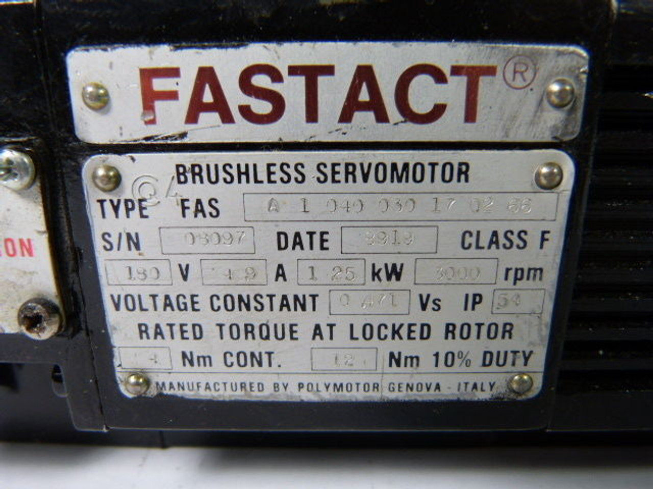 Fastact A1040030170266 Brushless Servo Motor 3000RPM 180V 12Nm 1.9A USED