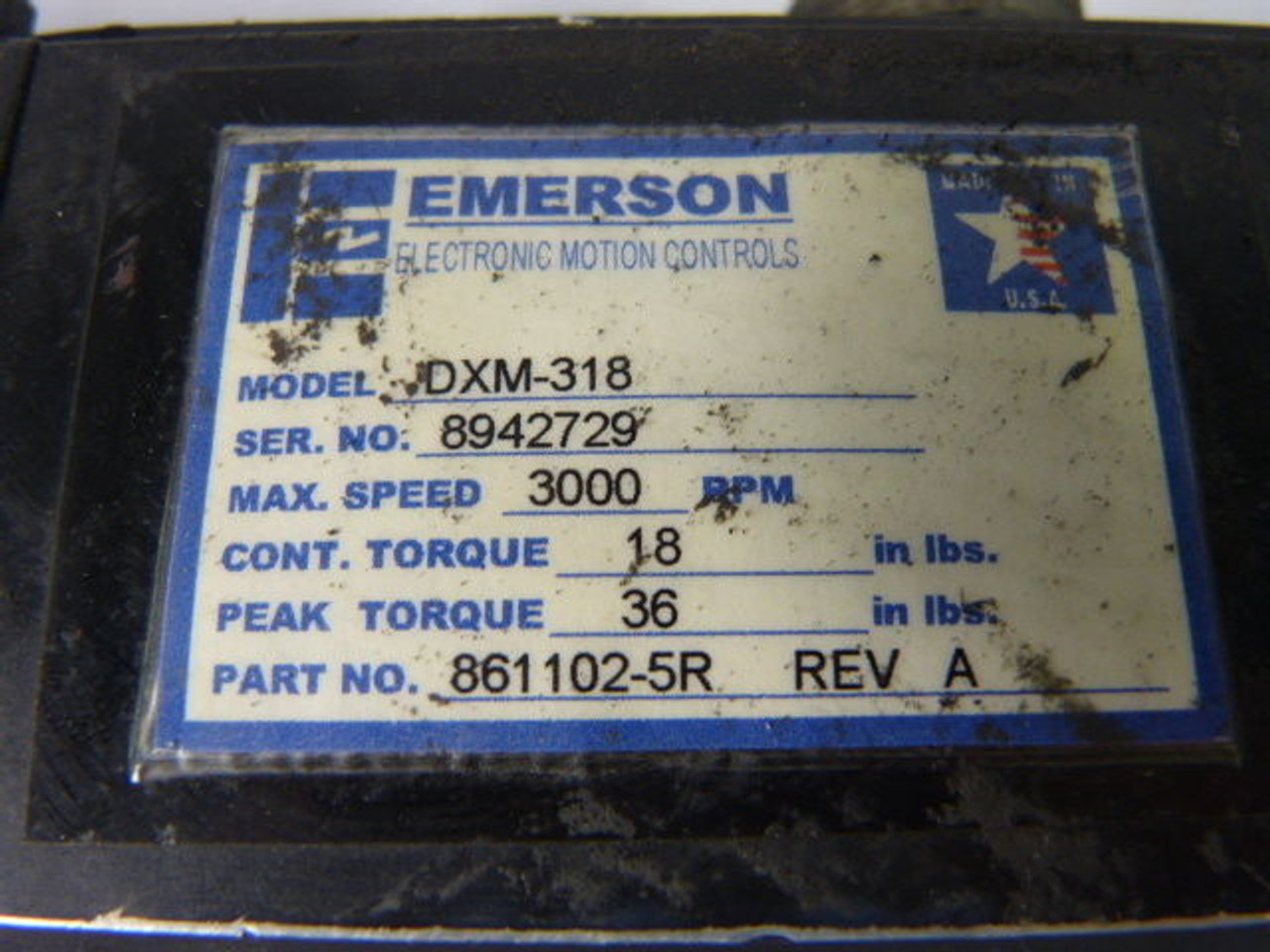 Emerson DXM-318/861102-5R Servo Motor 3000RPM 18in-lb USED