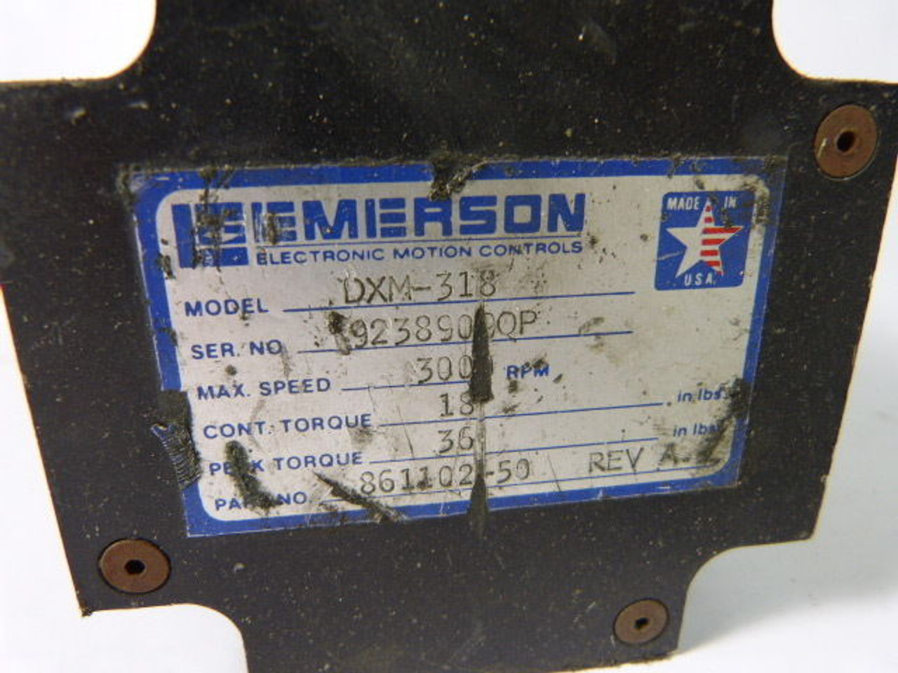 Emerson DXM-318/861102-5O Servo Motor 3000RPM 18in-lb USED