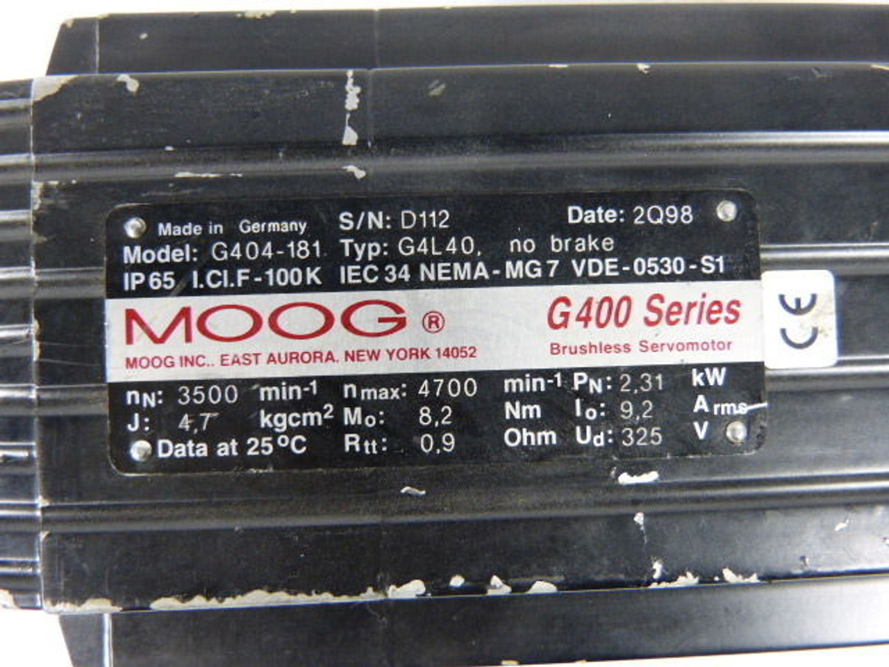 Moog G404-181 Brushless Servo Motor 3500/4700RPM 325V 8.2Nm 0.9Ohm 9.2A USED