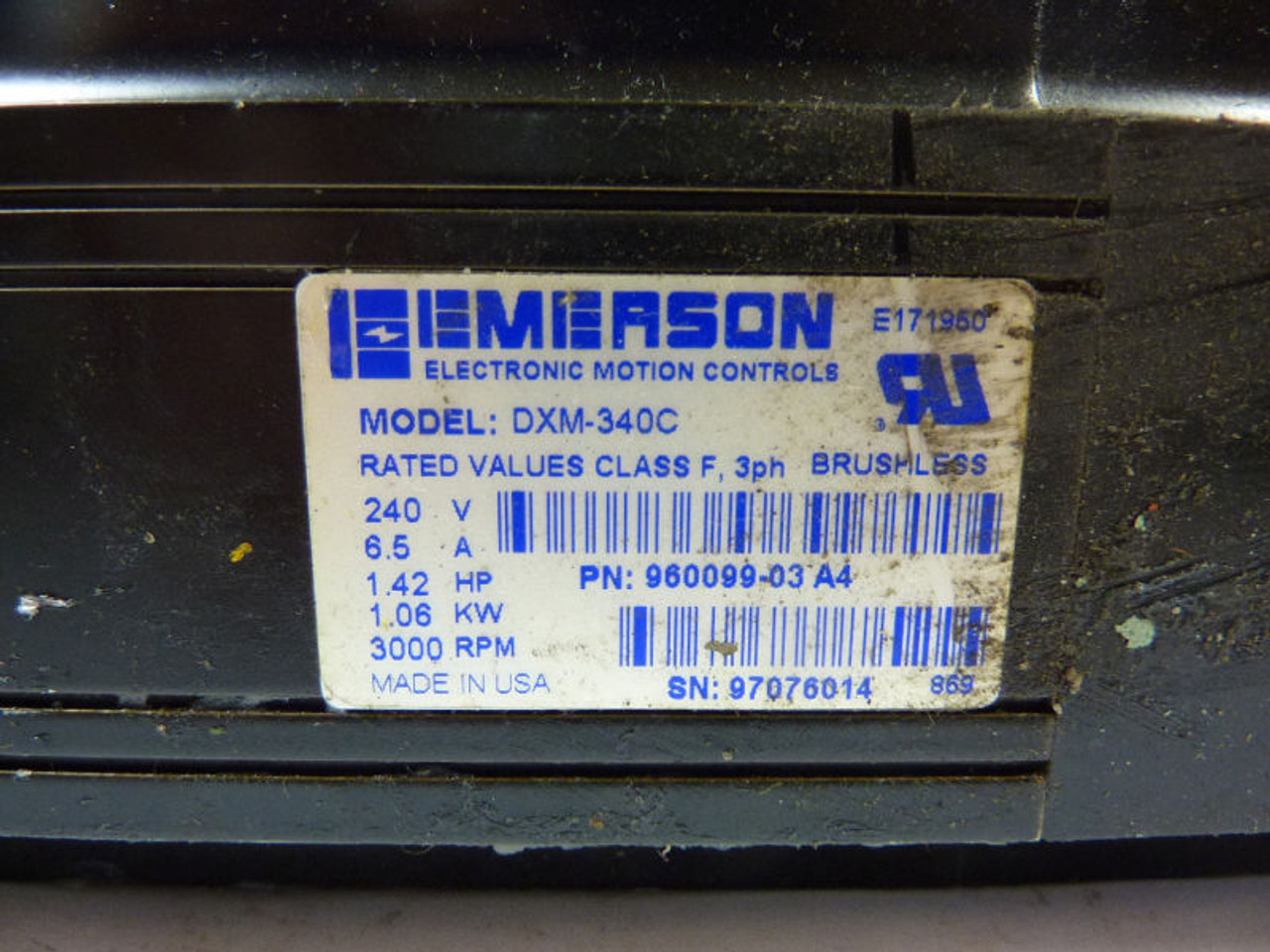Emerson DXM-340C Servo Motor 1.42HP 3000RPM 240V 6.5A USED