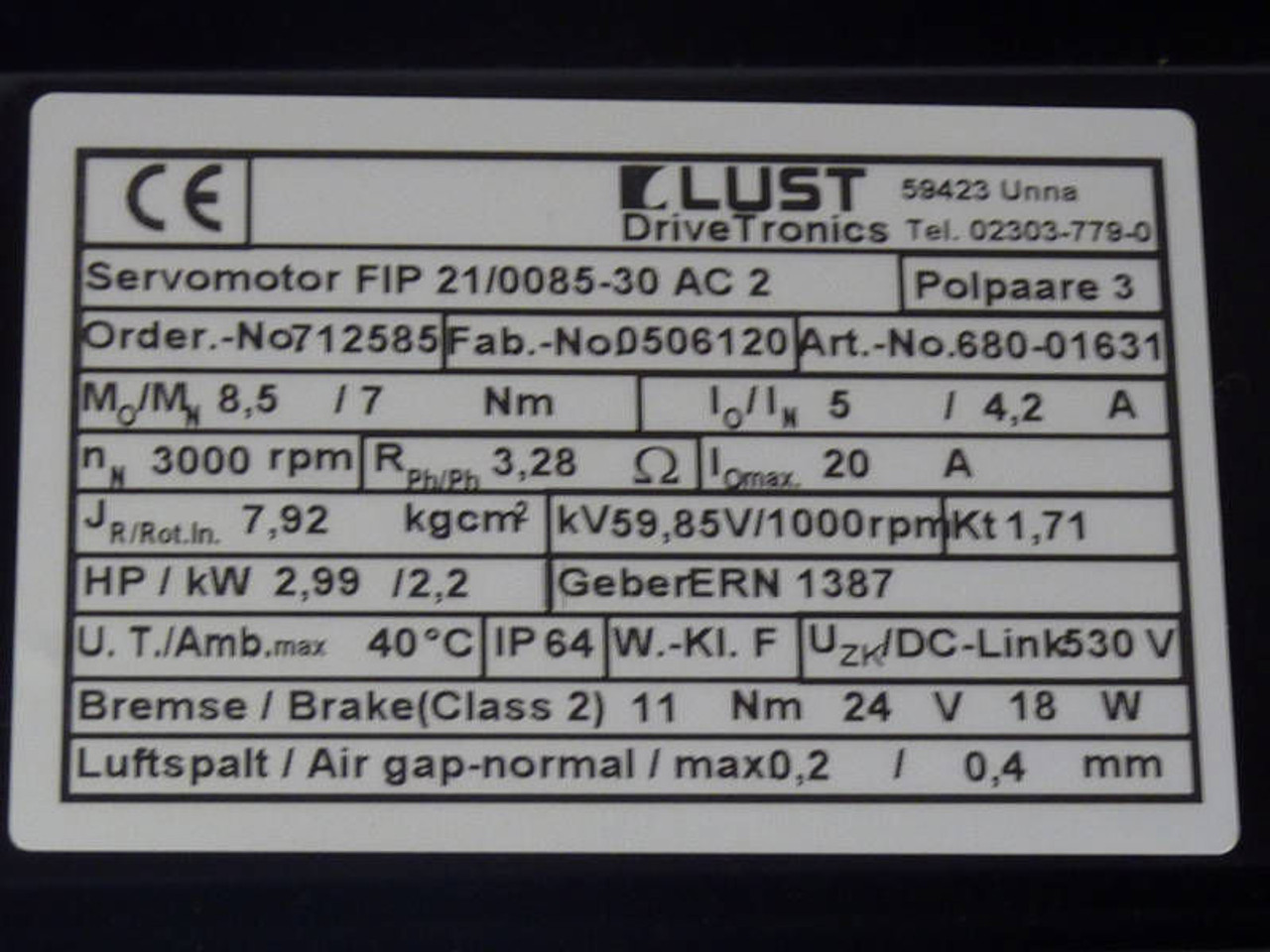LUST DriveTronics Servo Motor 2.99HP 3000RPM 530V 8.5/7Nm 3.28Ohm 5/4.2A USED