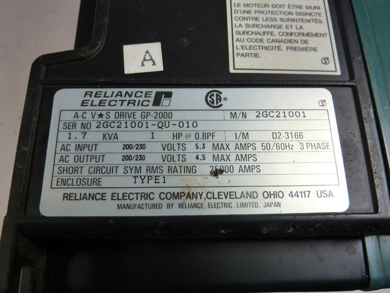 Reliance 2GC21001-QU-010 AC Drive 1HP 200/230V USED