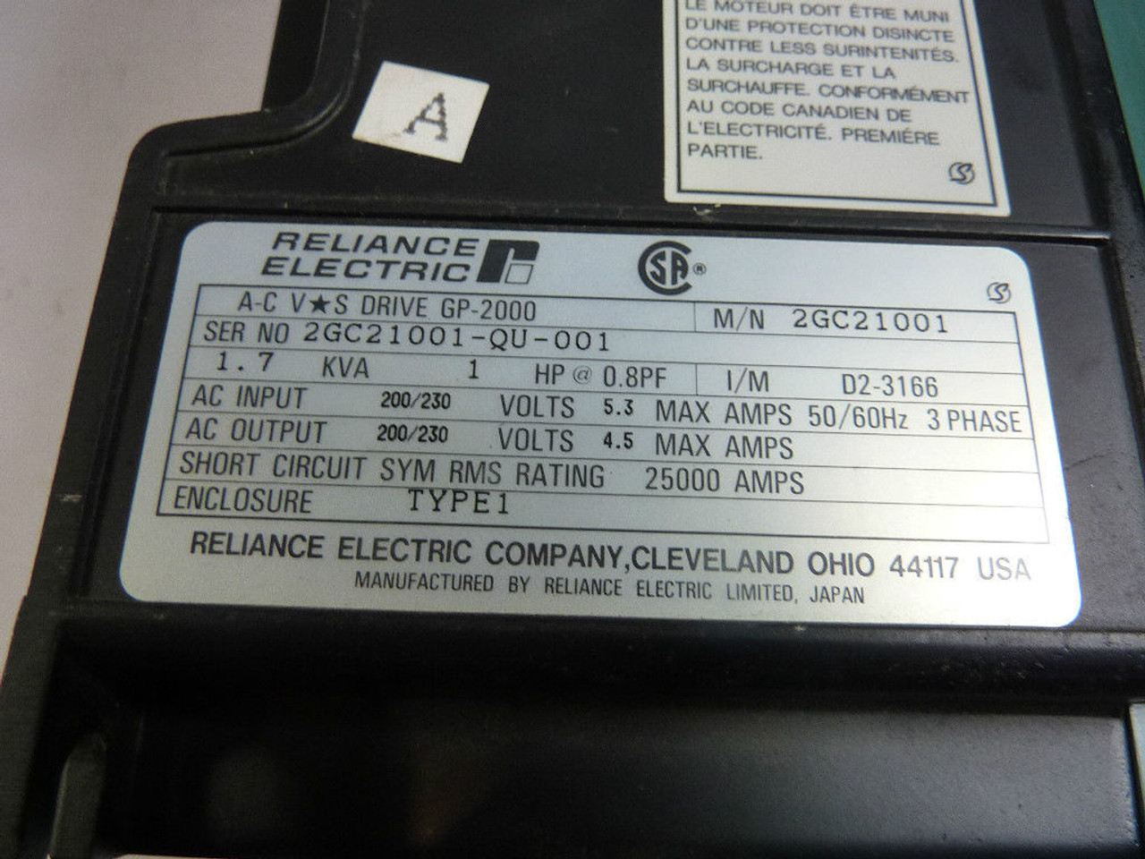 Reliance 2GC21001-QU-001 AC Drive 1HP 3Ph 200/230V 5.3A 50/60Hz USED