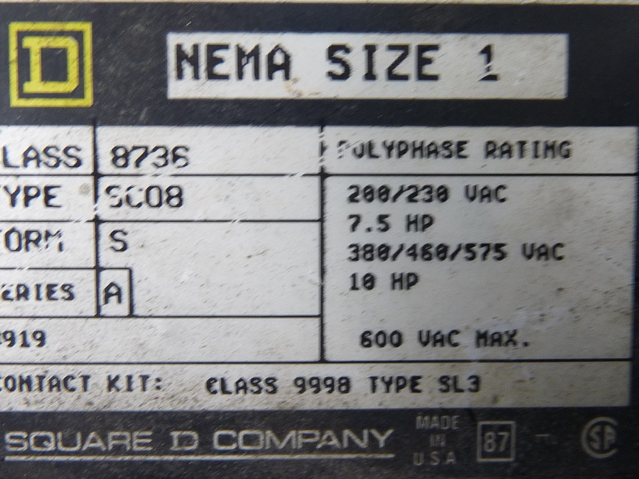 Square D 8736-SCO8 Reversing Starter 27A 600V Nema USED