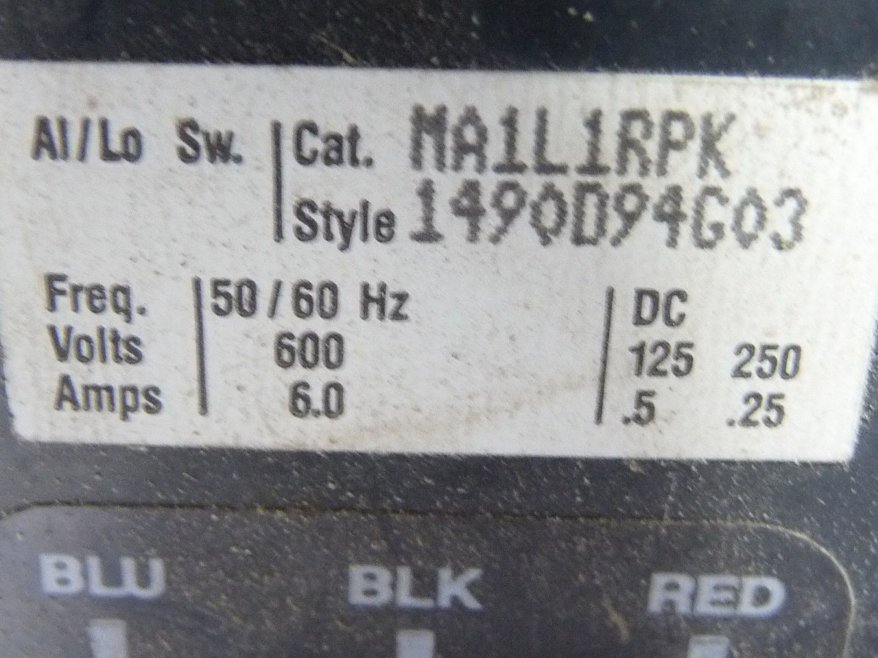 Cutler Hammer MA1L1RPK AL/LO Switch for Type F Breaker 600V 50/60Hz USED