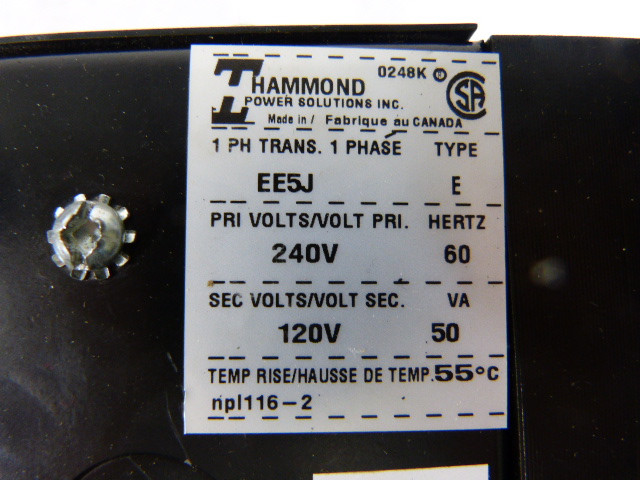 Hammond EE5J Type E Transformer .05 KVA Pri.240V Sec.120V 60Hz 1Ph USED
