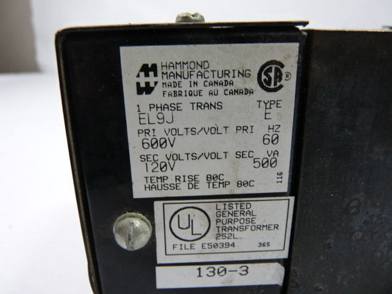 Hammond EL9J Transformer 600/120V 1 PH Type E USED