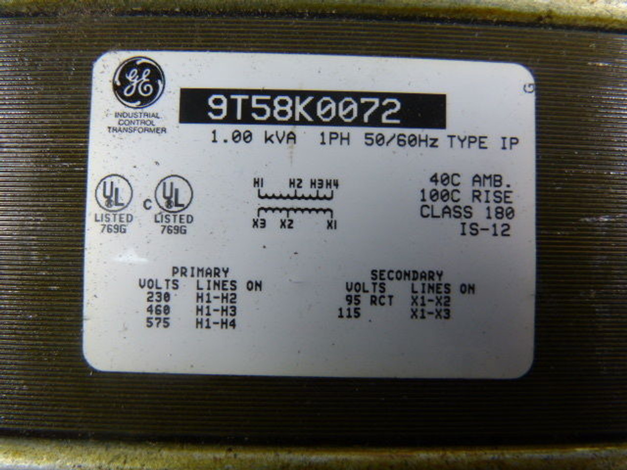 General Electric 9T58K0072 Transformer 1kVA 230/460/575V Pri 115/95 Sec USED