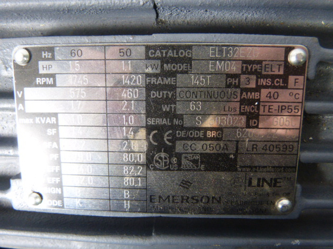 Emerson 1.5HP 1745RPM 575V 145T TE 3Ph 1.7A 60Hz ! NOP !