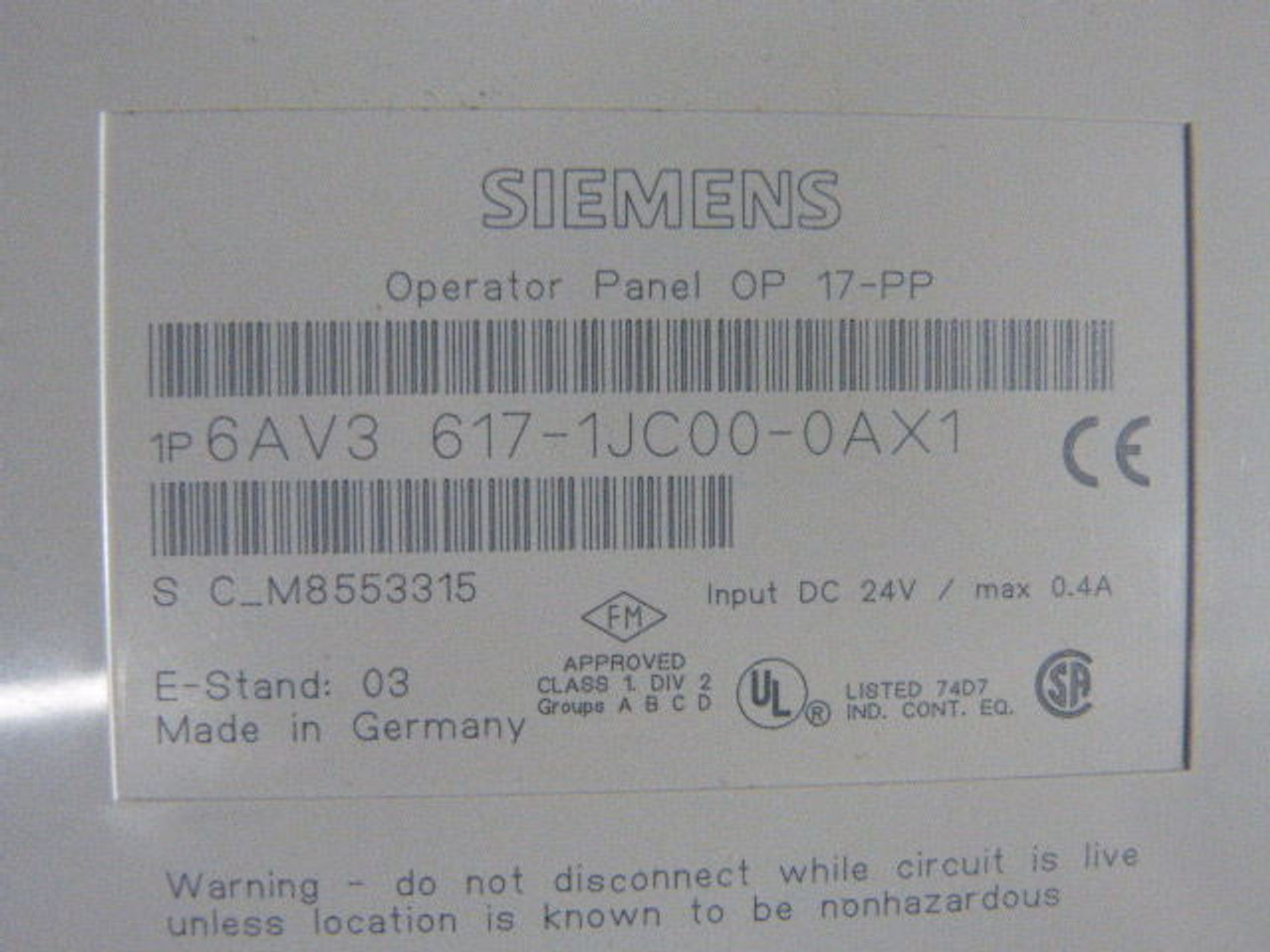 Siemens 6AV3617-1JC00-0AX1 Monochrome Operator Interface 8x40 256kb USED