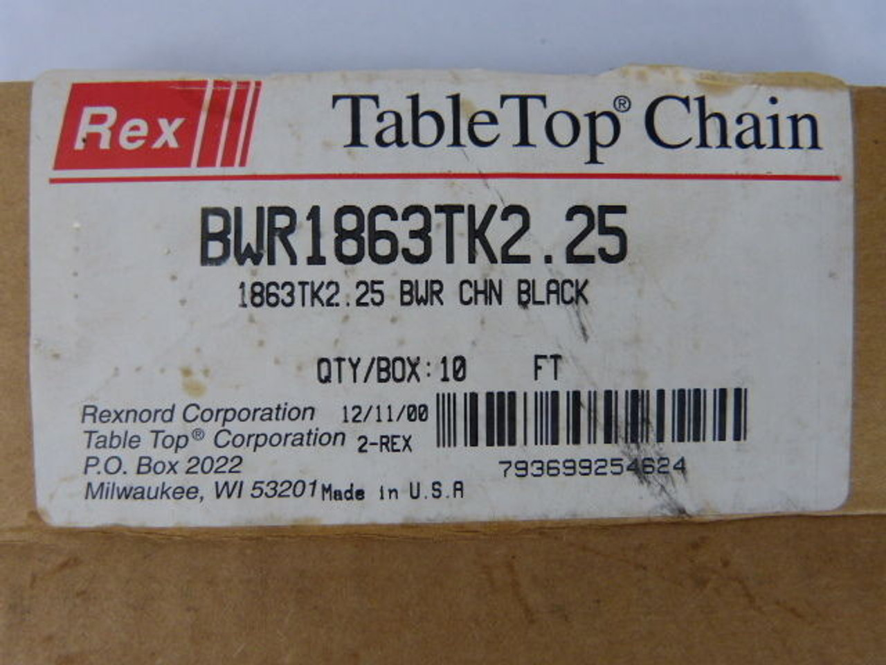 Rexnord BWR1863TK2.25 Tabletop Conveyor Roller Chain ! NEW !