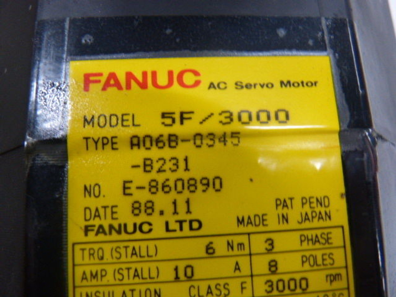GE Fanuc A06B-0345-B231 AC Servo Motor 3000RPM 117V 6Nm 10A USED