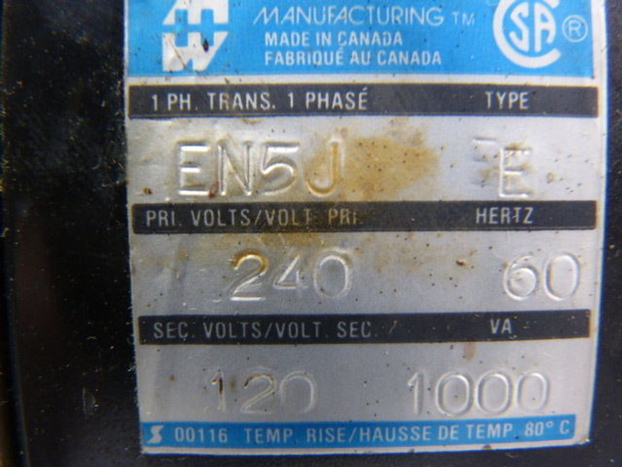 Hammond EN5J Single Phase Transformer Type E 1000VA Sec 240 60Hz Pri USED