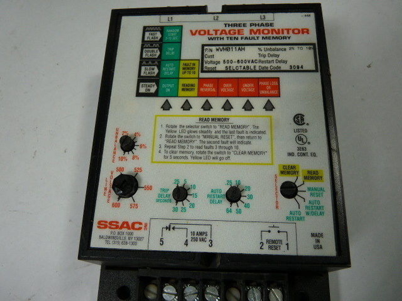 SSAC WVM011AH 3-Phase Voltage Monitor 500-600V USED