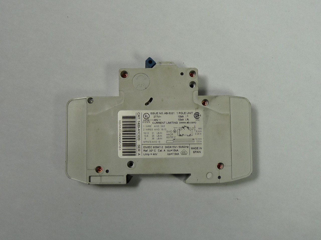 Allen-Bradley 1489-A1C020 Miniature Circuit Breaker 2A 277V 1 Pole USED