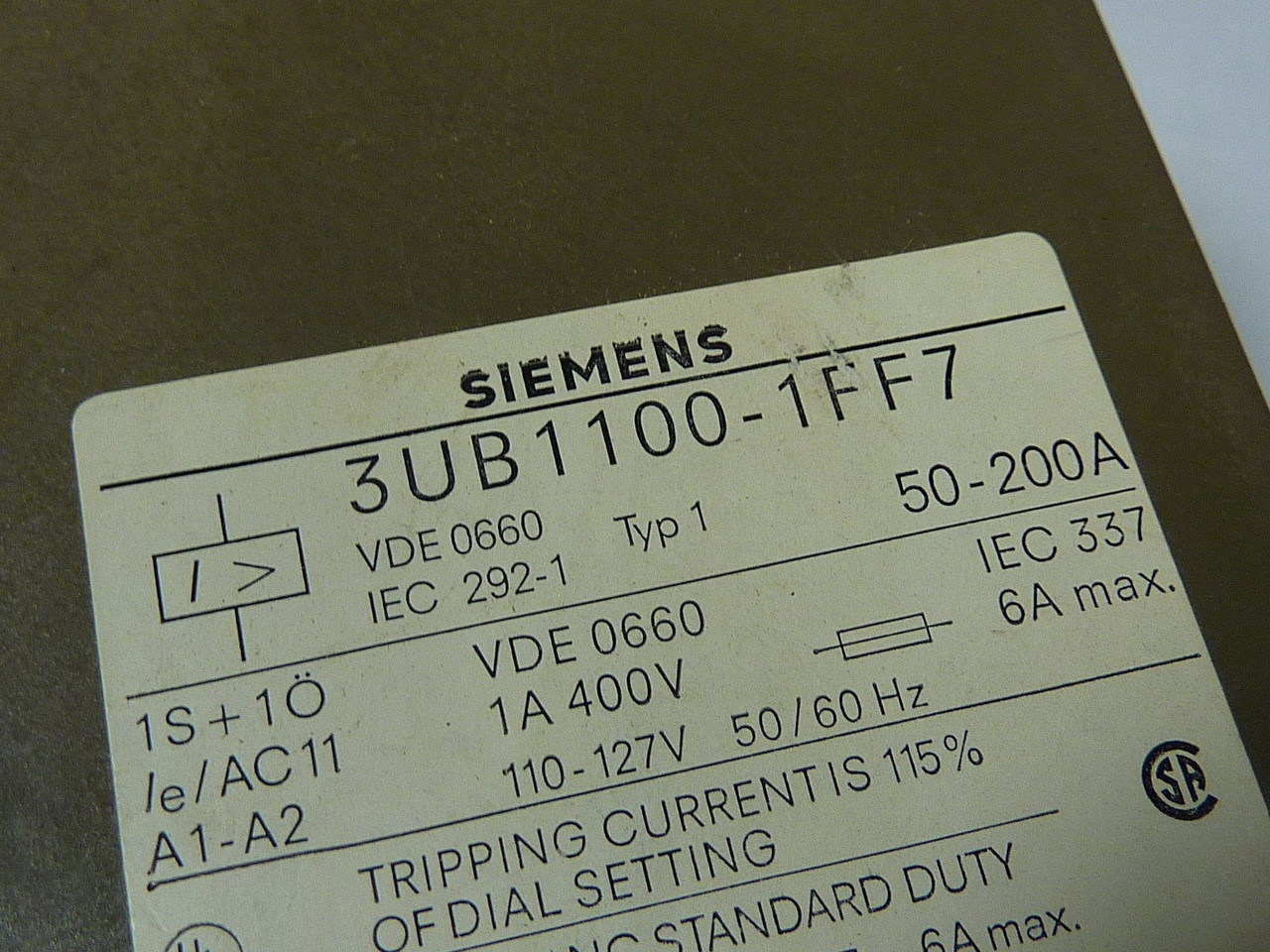 Siemens 3UB1100-1FF7 Tripping Unit 110-127VAC 50/60Hz USED