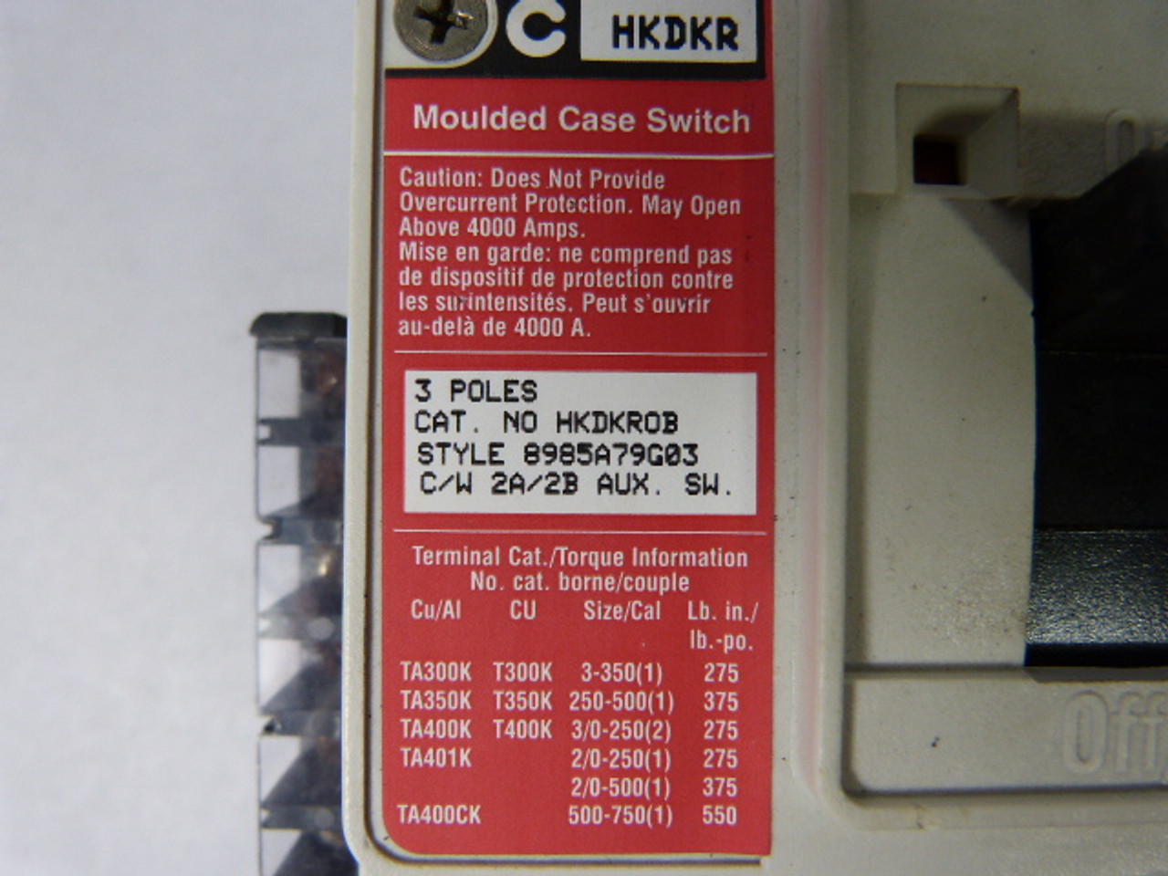 Cutler Hammer HKDKR0B Circuit Breaker 3 Pole USED