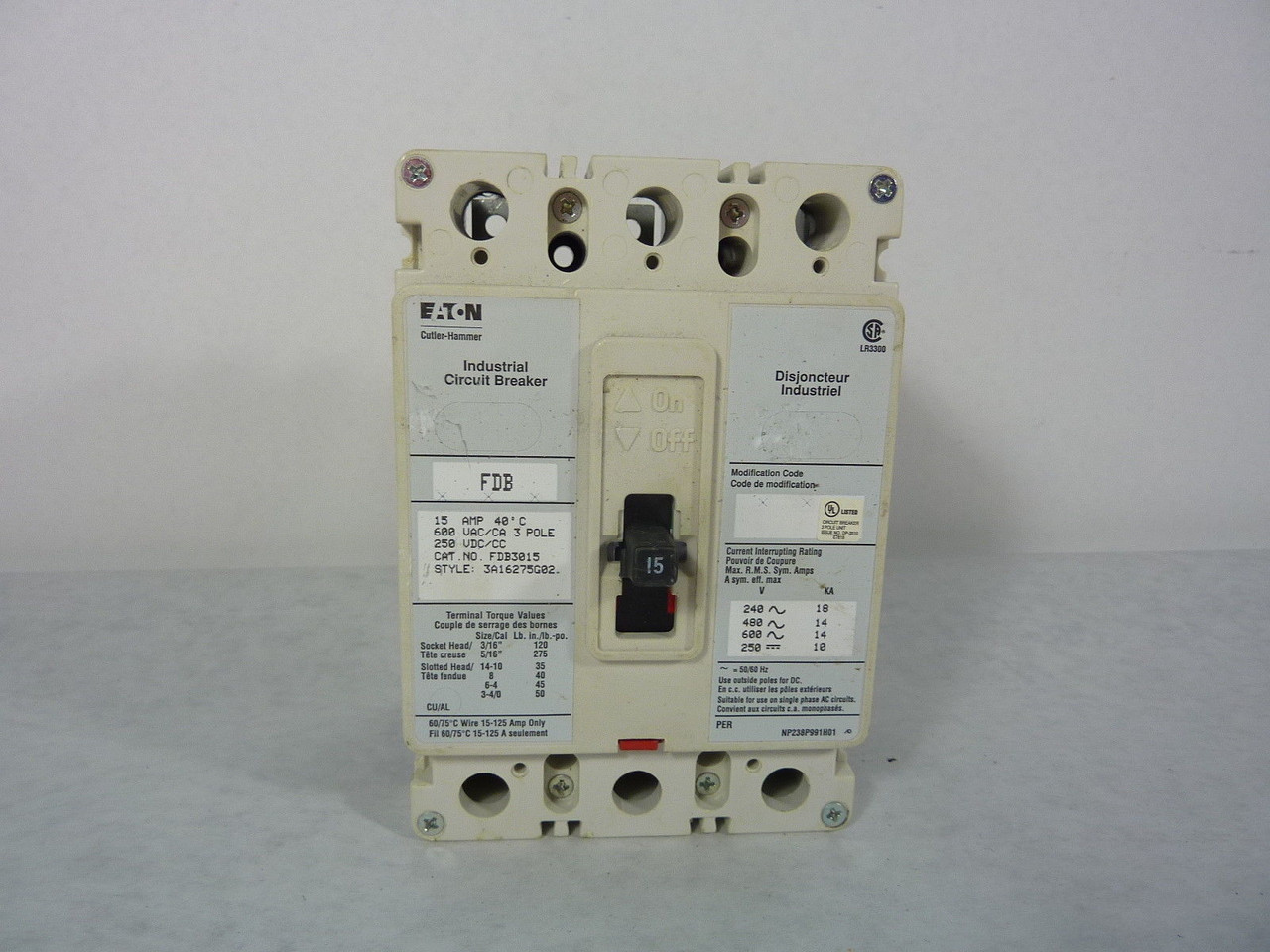 Cutler-Hammer FDB3015 Circuit Breaker 3 Pole 600VAC 15A USED