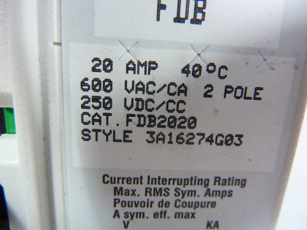 Cutler-Hammer FDB2020 Circuit Breaker 2 Pole 600V 20A USED