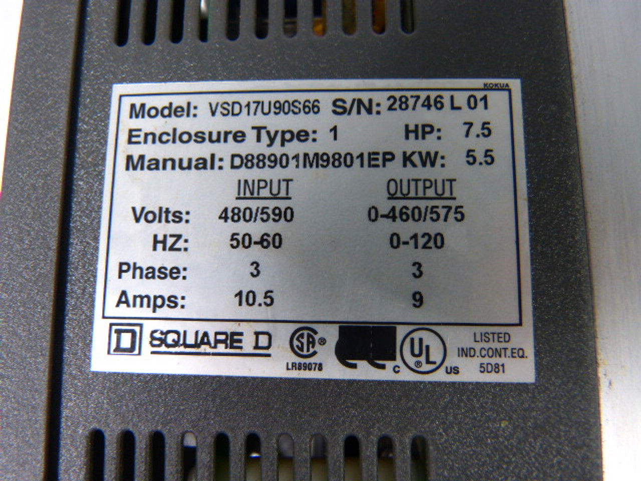 Square D VSD17U90S66Motor Speed Drive Controller 7.5HP 3Ph 0-460/575V USED