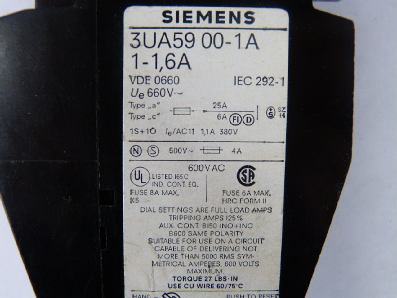 Siemens 3UA59-00-1A Overload Relay 1-1.6A USED