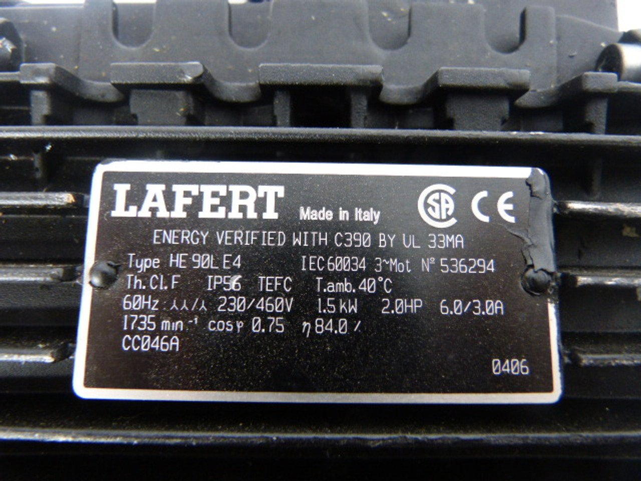 Lafert 2.0HP 1800RPM 230/460V 90L TEFC 3Ph 6.0/3.0A 60Hz USED