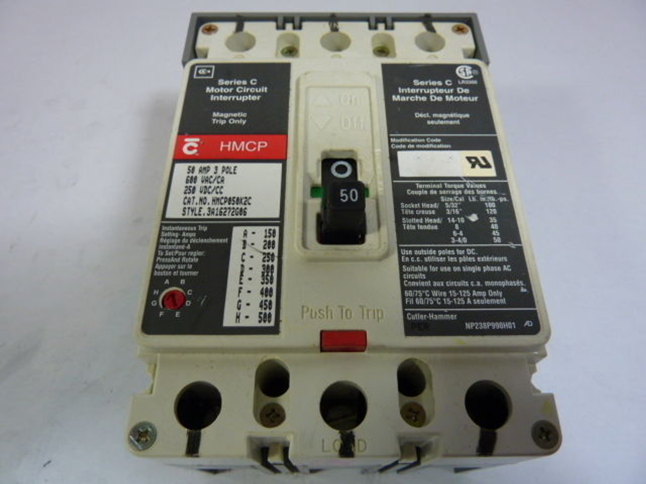 Cutler Hammer HMCP050K2C Motor Circuit Interrupter 50AMP 600VAC 250VDC USED