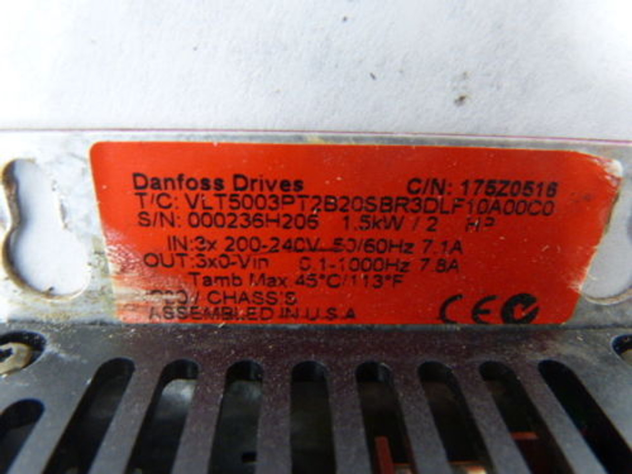 Danfoss 175Z0516 VLT5003 Frequency Converter Drive 1.5kW 2HP 200-240VAC USED