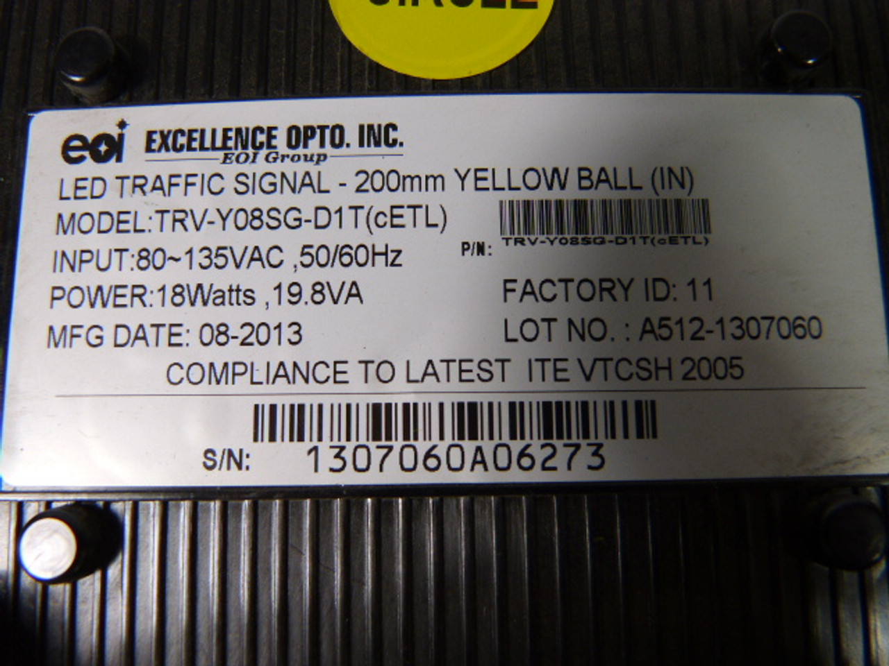 eoi TRV-Y08SG-D1T Circular Incandescent Traffic Signal Yellow ! NEW NO PKG !