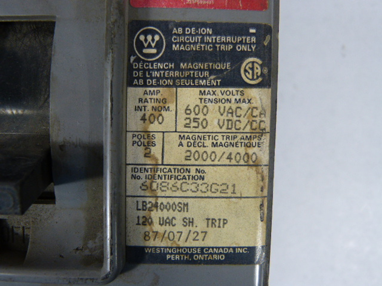 Westinghouse 2605D15G05 LB2400SM 6086C33G21 Breaker 400amp 2 Pole USED