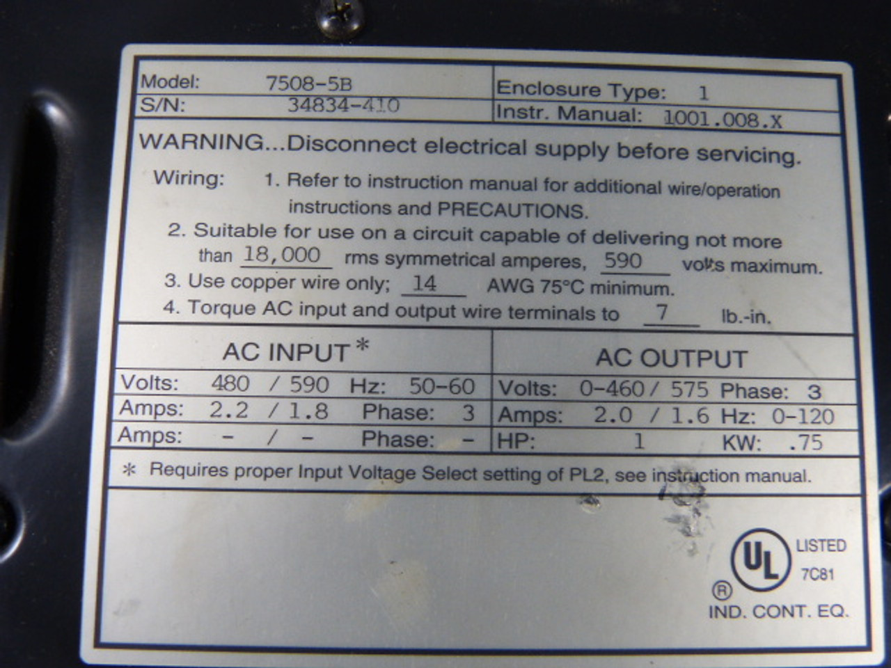 Lenze 7508-5B Drive 1HP 3PH 600VAC USED