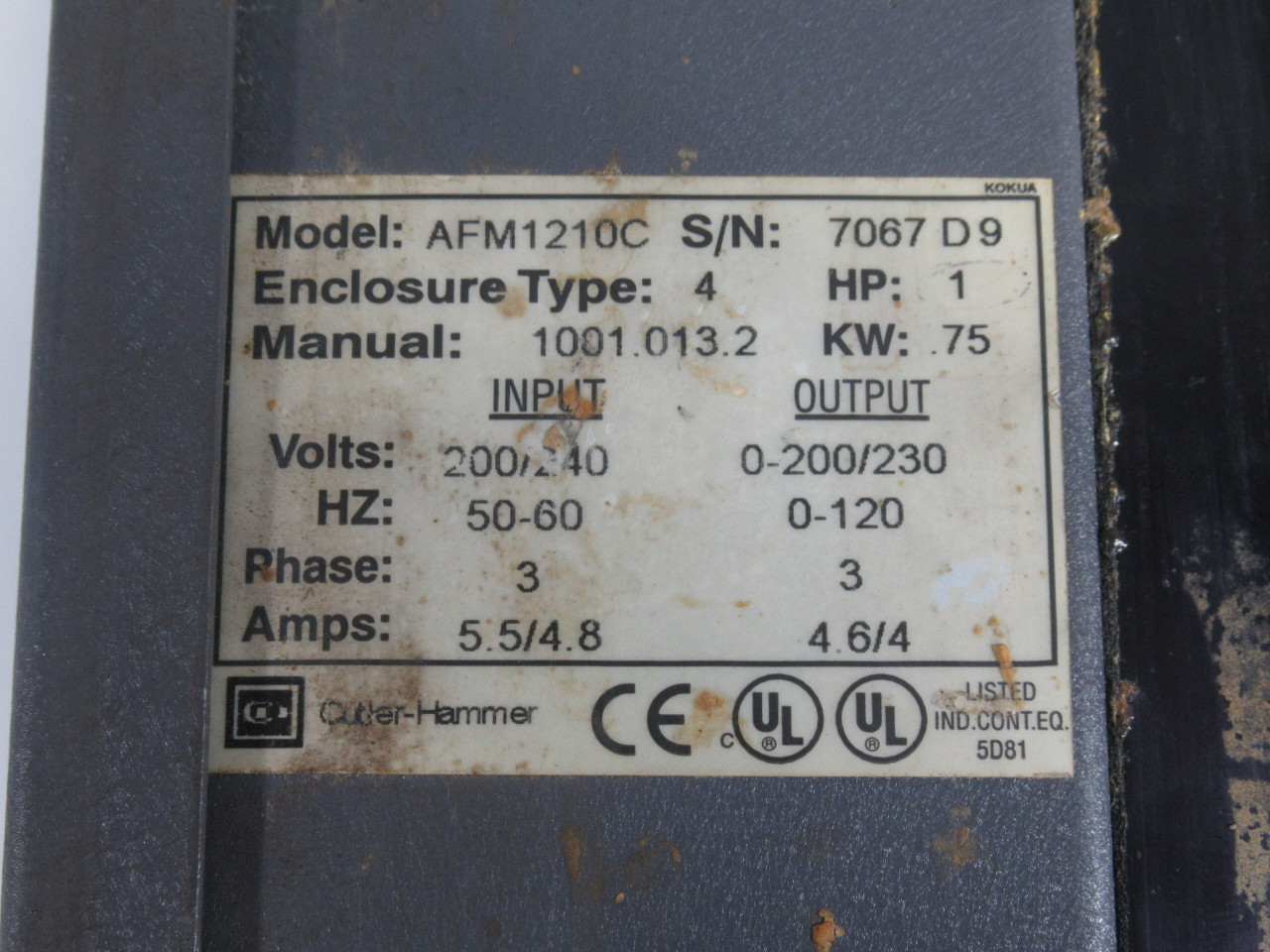 Cutler Hammer AFM1210C Frequency Drive 1HP 3ph 0-200/230V 4.6/4A 0-120Hz USED