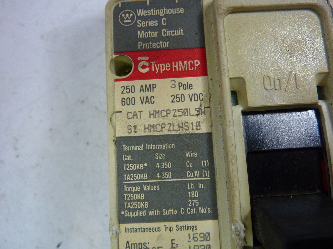 Westinghouse HMCP250L5W Circuit Breaker 250 Amp 600V USED