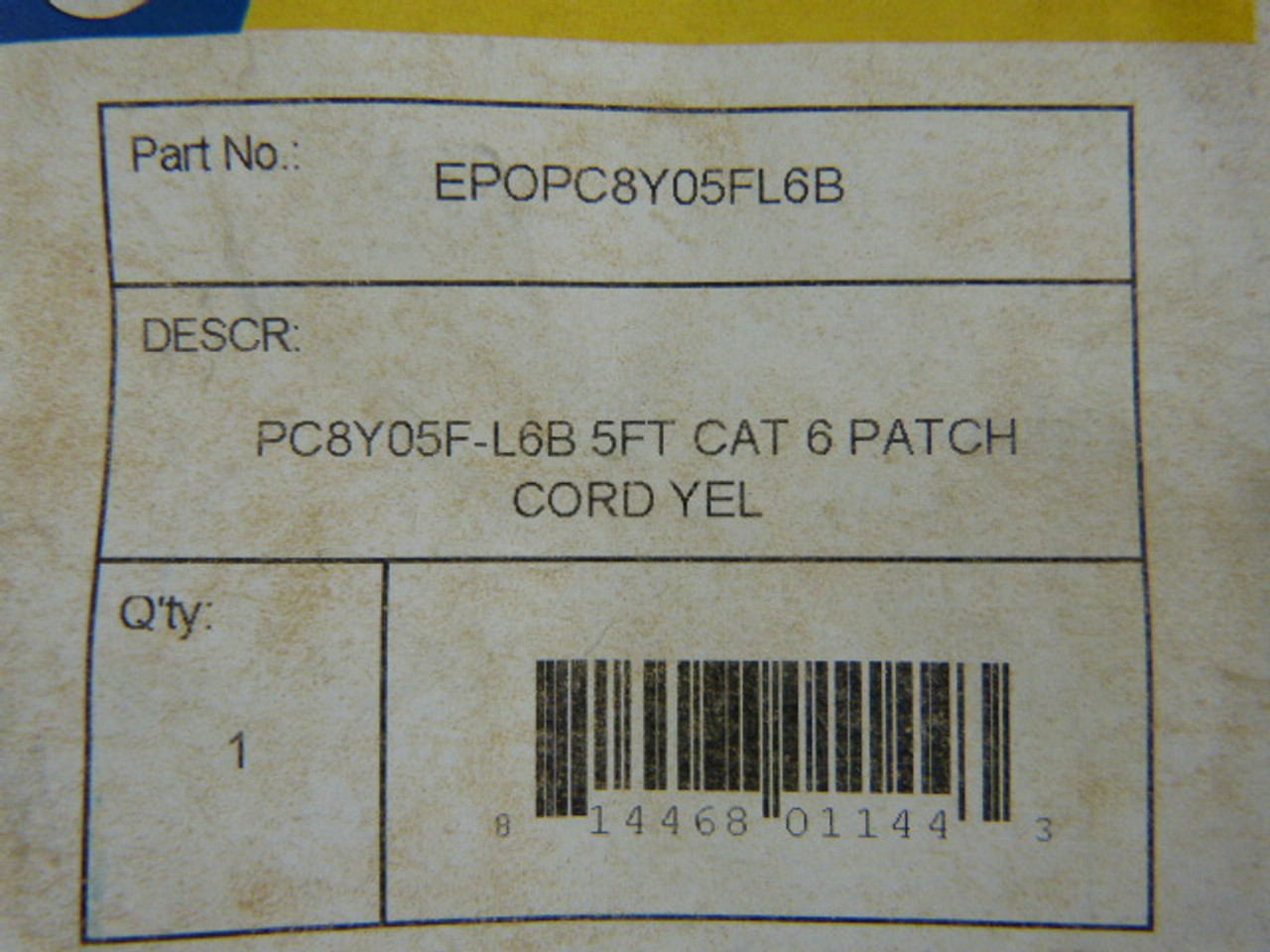 ElectriPro EPOPC8Y05FL6B Cat 6 Patch Cord Yellow 5ft SHELF WEAR NWB