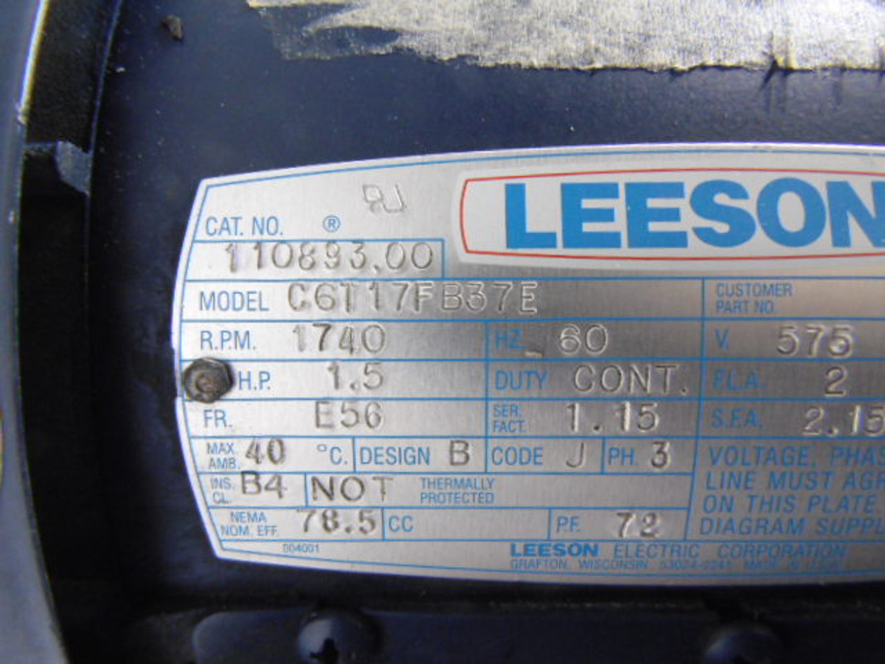 Leeson 1.5HP 1740RPM 575V 56 TEFC 3Ph 2A 60Hz ! NEW !