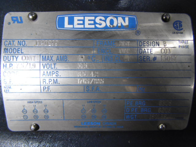 Leeson 7.5/1.9HP 1765/885RPM 575V 215T ODP 3Ph 8.5/4.2A 60Hz USED