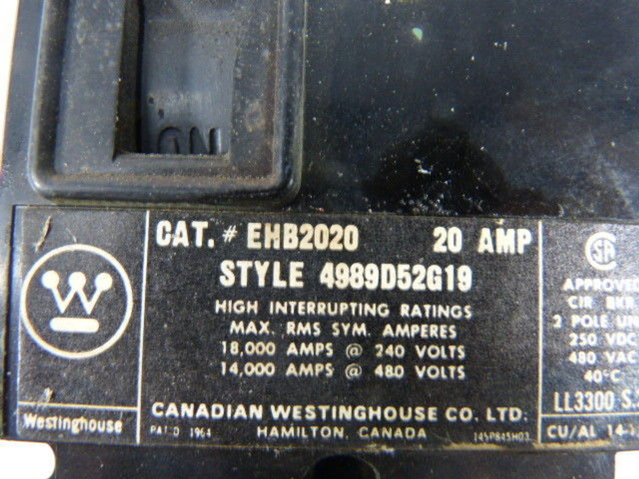 Westinghouse EHB2020 4989D52G19 Circuit Breaker 2-Pole 20A 480VAC USED